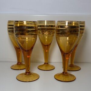 Vintage Mid Century Modern MCM Blown Amber Art Glass Cordial Glasses Set of 5
